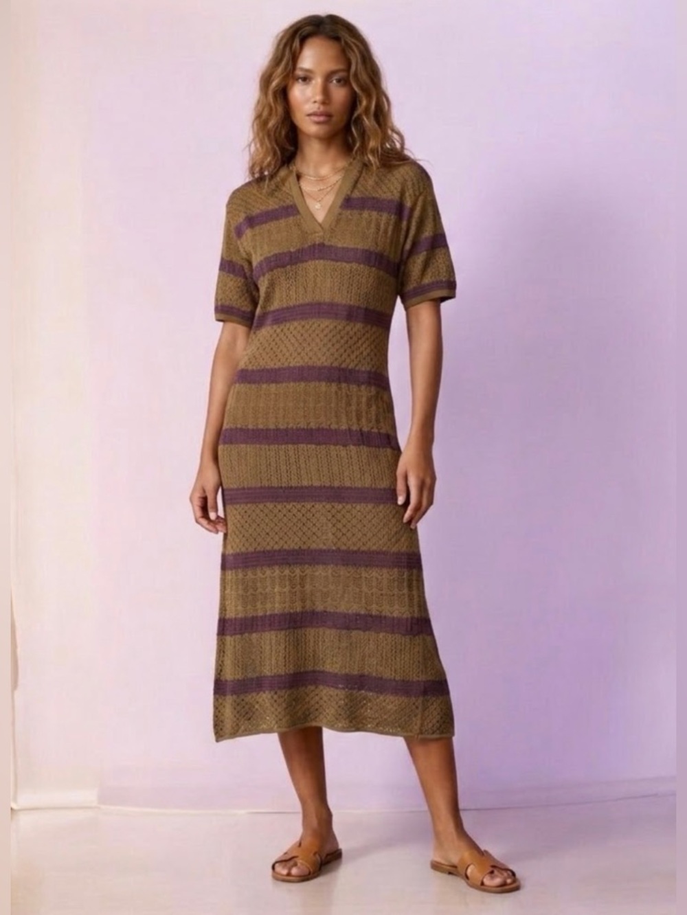 ZARA Striped Knit V-Neck Midi Dress in Olive and Mauve M-L